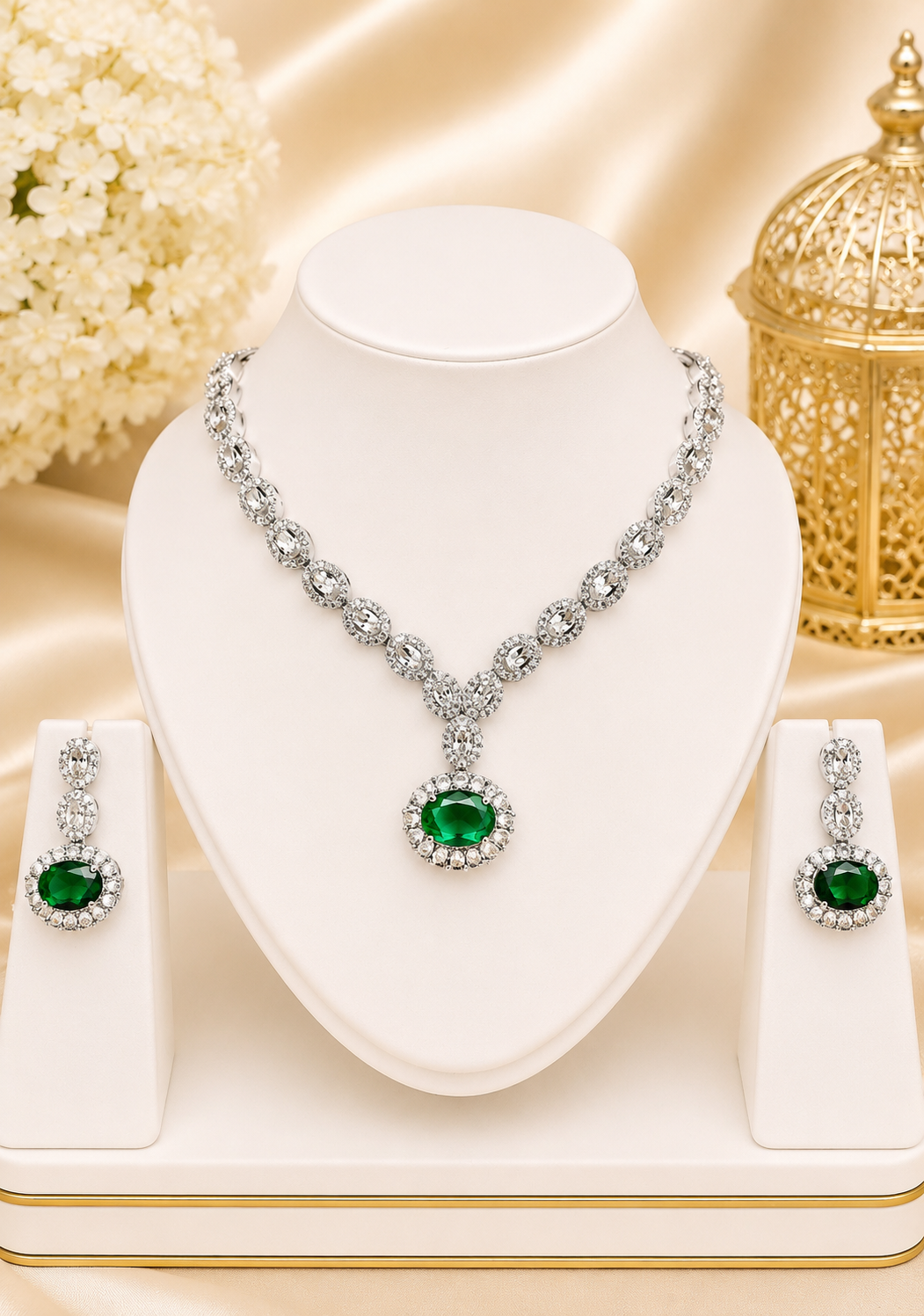 Premium Green American Diamond Necklace Set