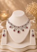 Premium Red American Diamond Necklace Set with Matching Earrings