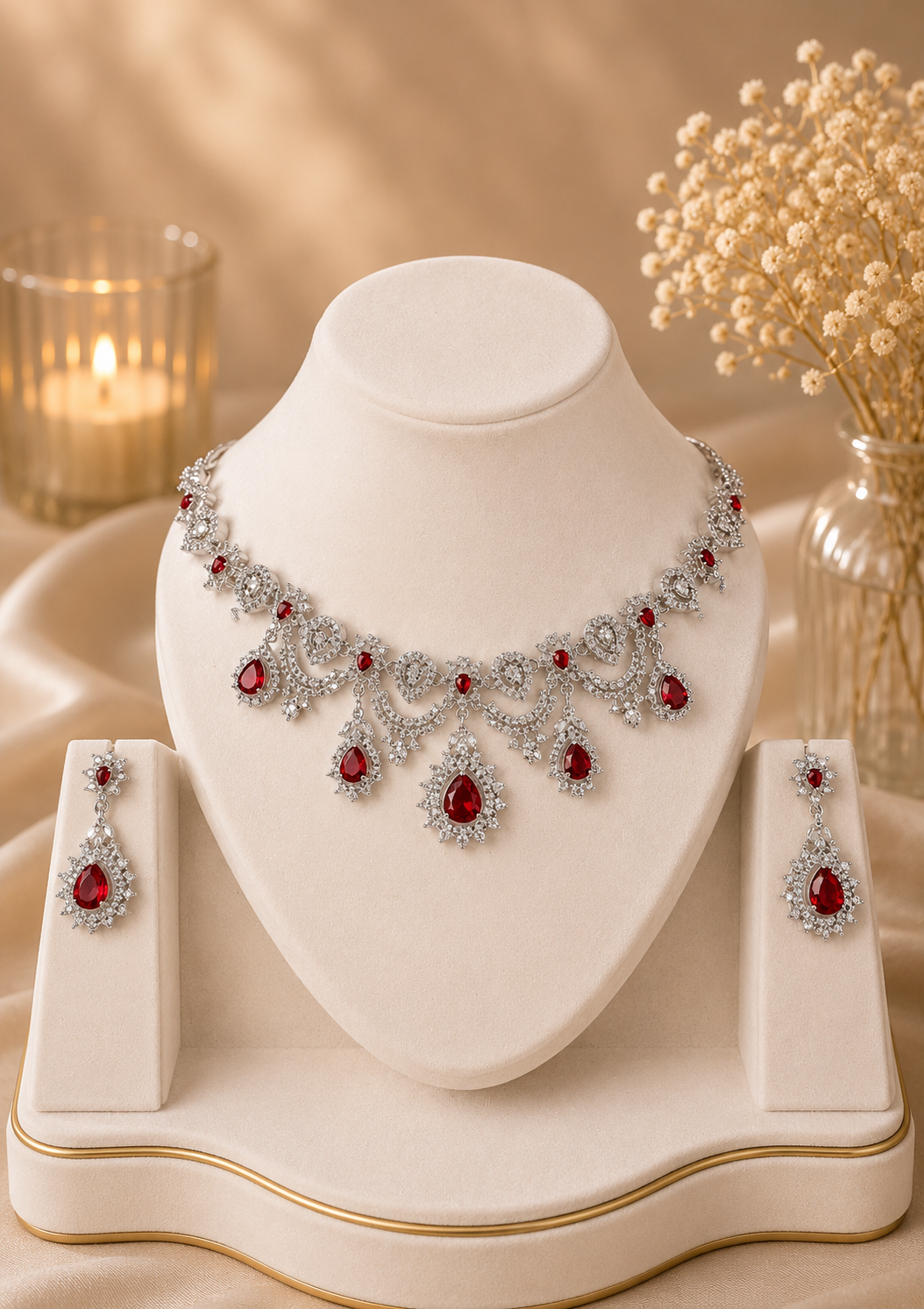 Premium Red American Diamond Necklace Set with Matching Earrings