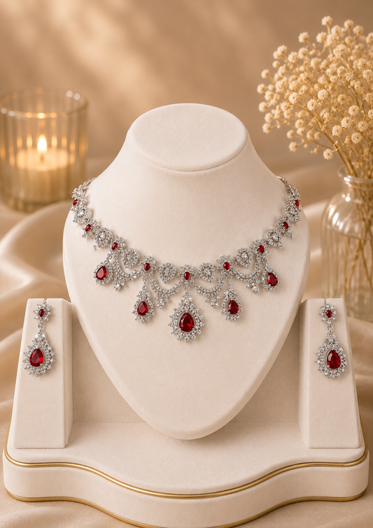 Premium Red American Diamond Necklace Set with Matching Earrings