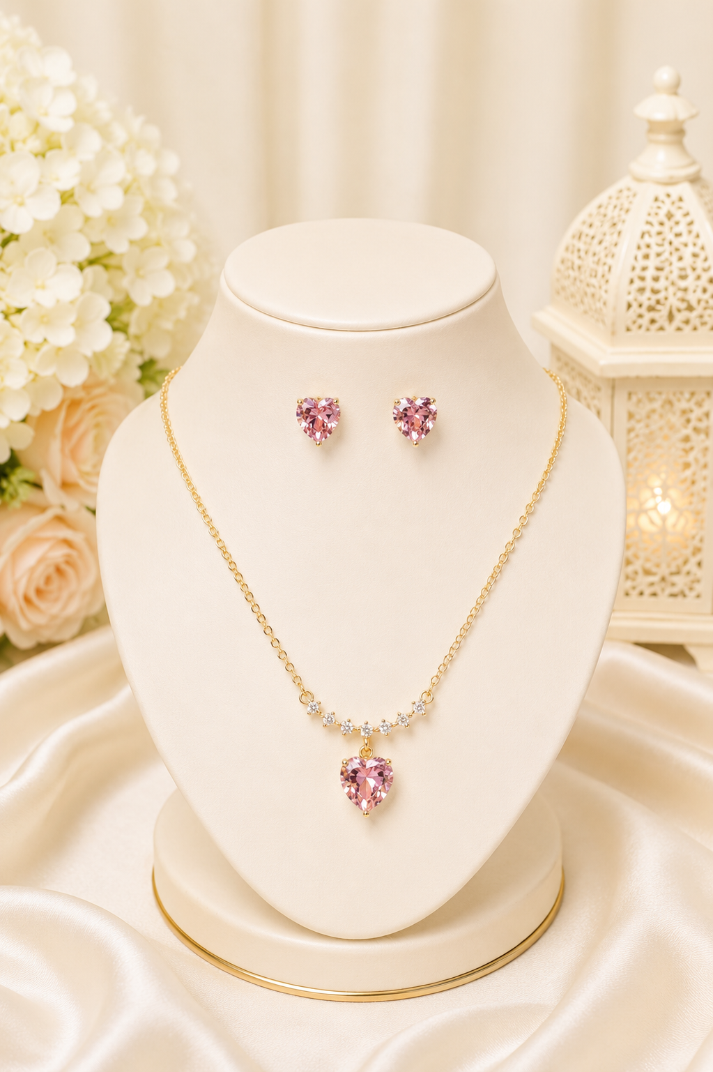 Pink Heart Shaped Anti-Tarnish Pendant Set