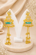 Sea Green Garden Pattern Long Kashmiri Earrings