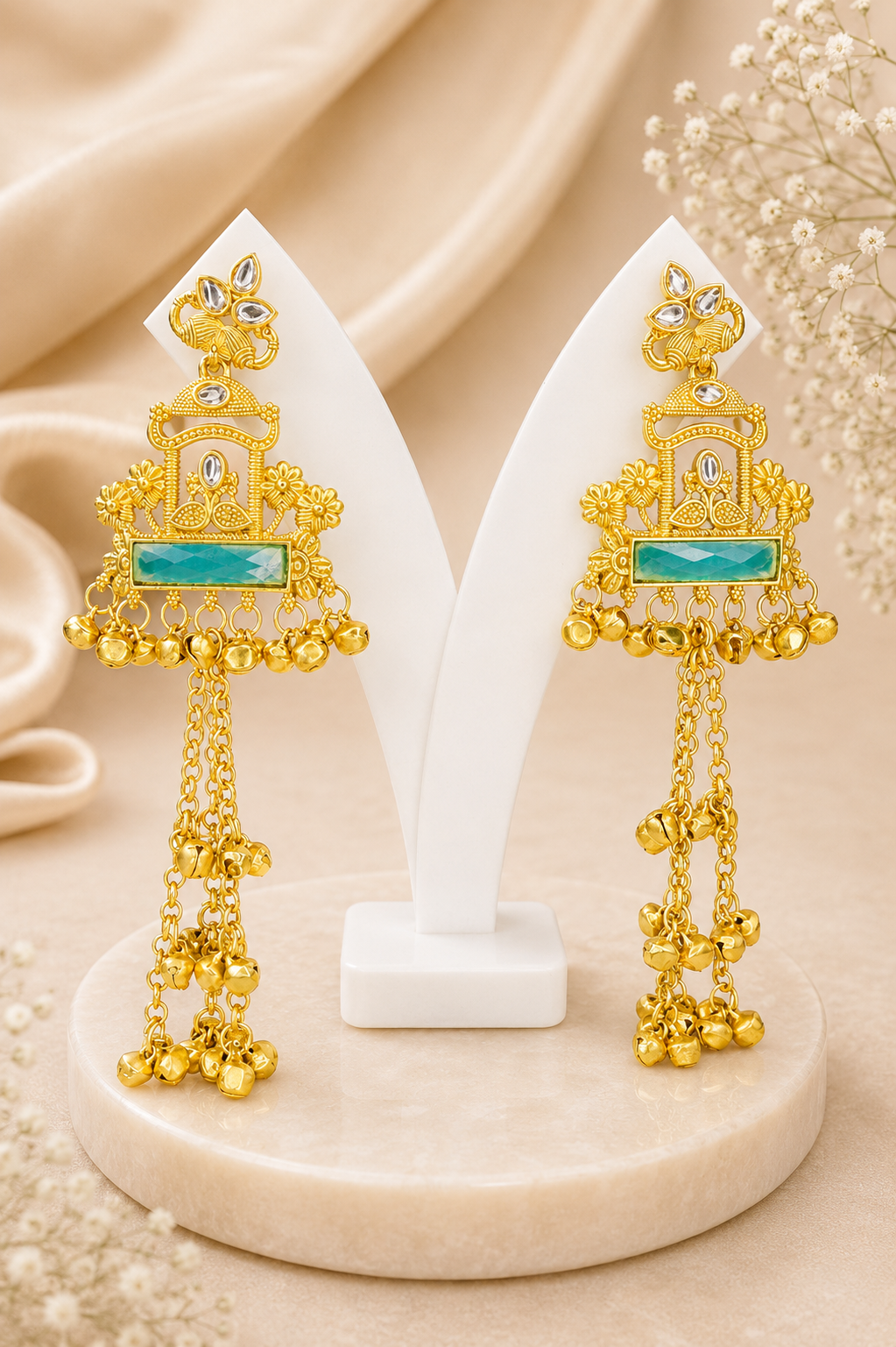 Sea Green Garden Pattern Long Kashmiri Earrings