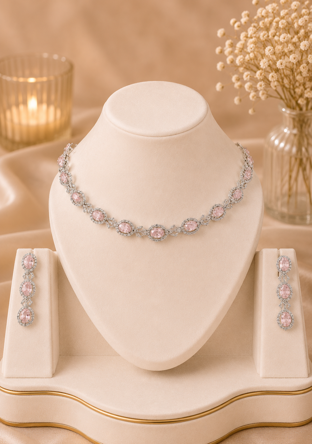 Premium Baby pink American Diamond Necklace Set