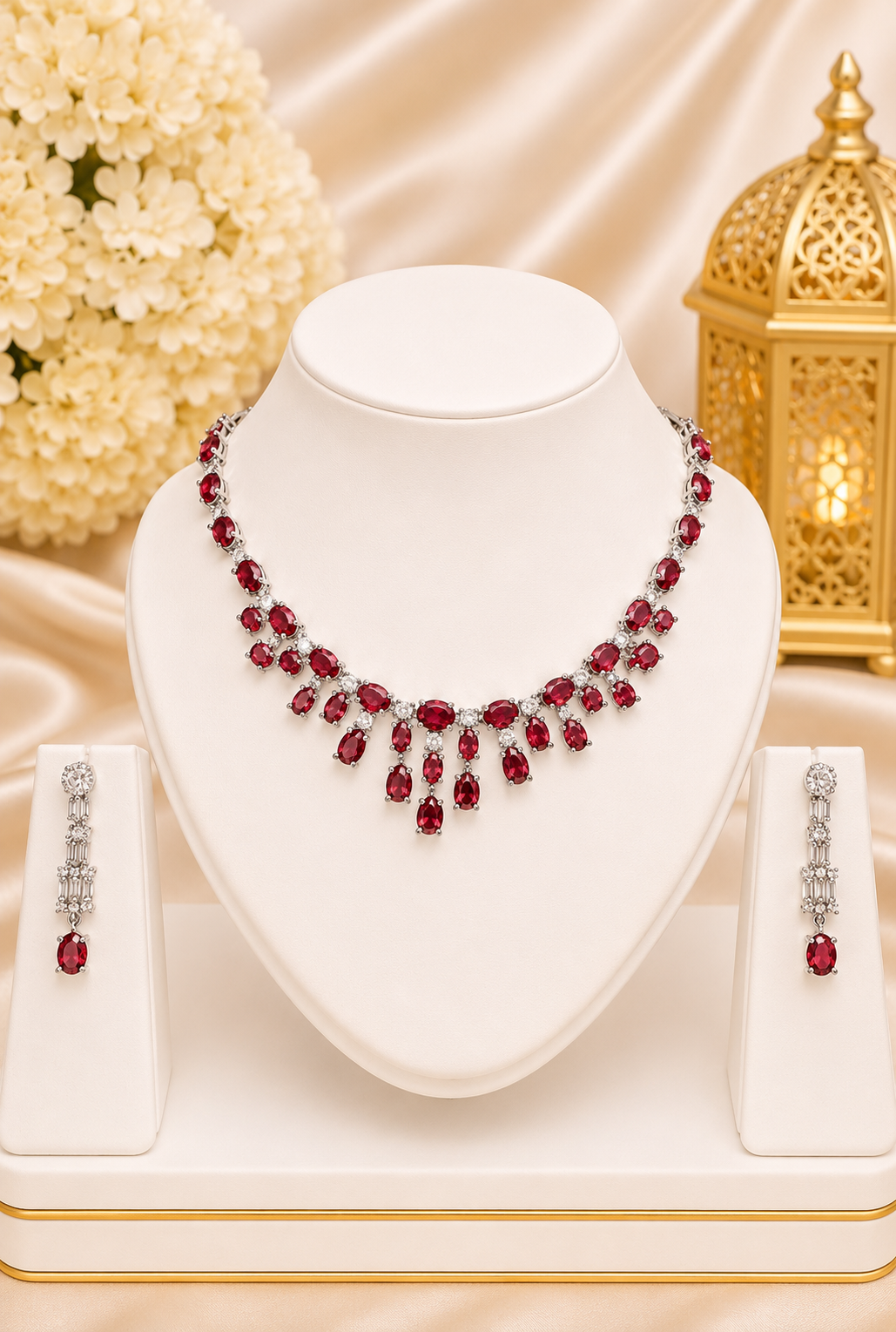 Premium Red American Diamond Necklace Set