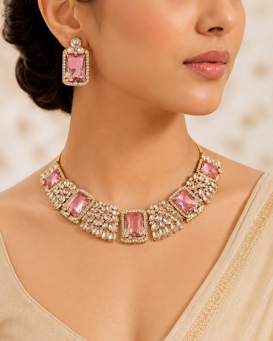 Sangriya Pink Polki and Monalissa Necklace Set