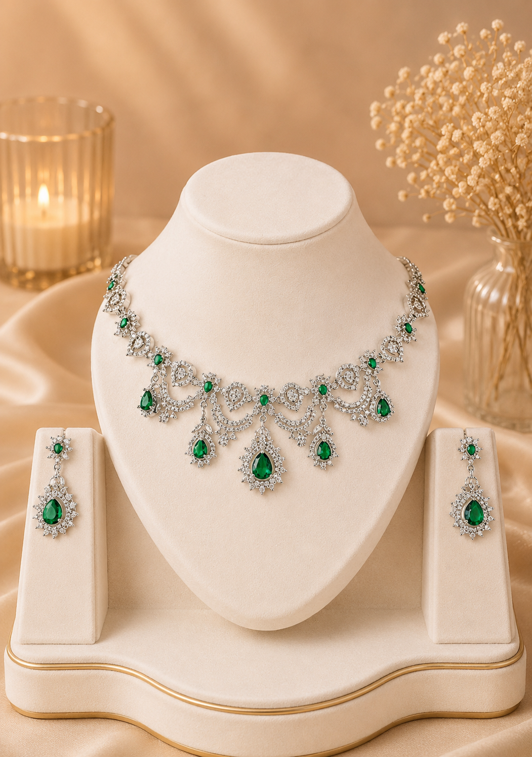 Premium Green American Diamond Necklace Set with Matching Earrings