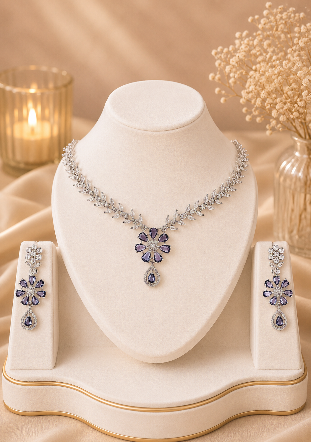 Premium Purple American Diamond Necklace Set with Matching Earrings