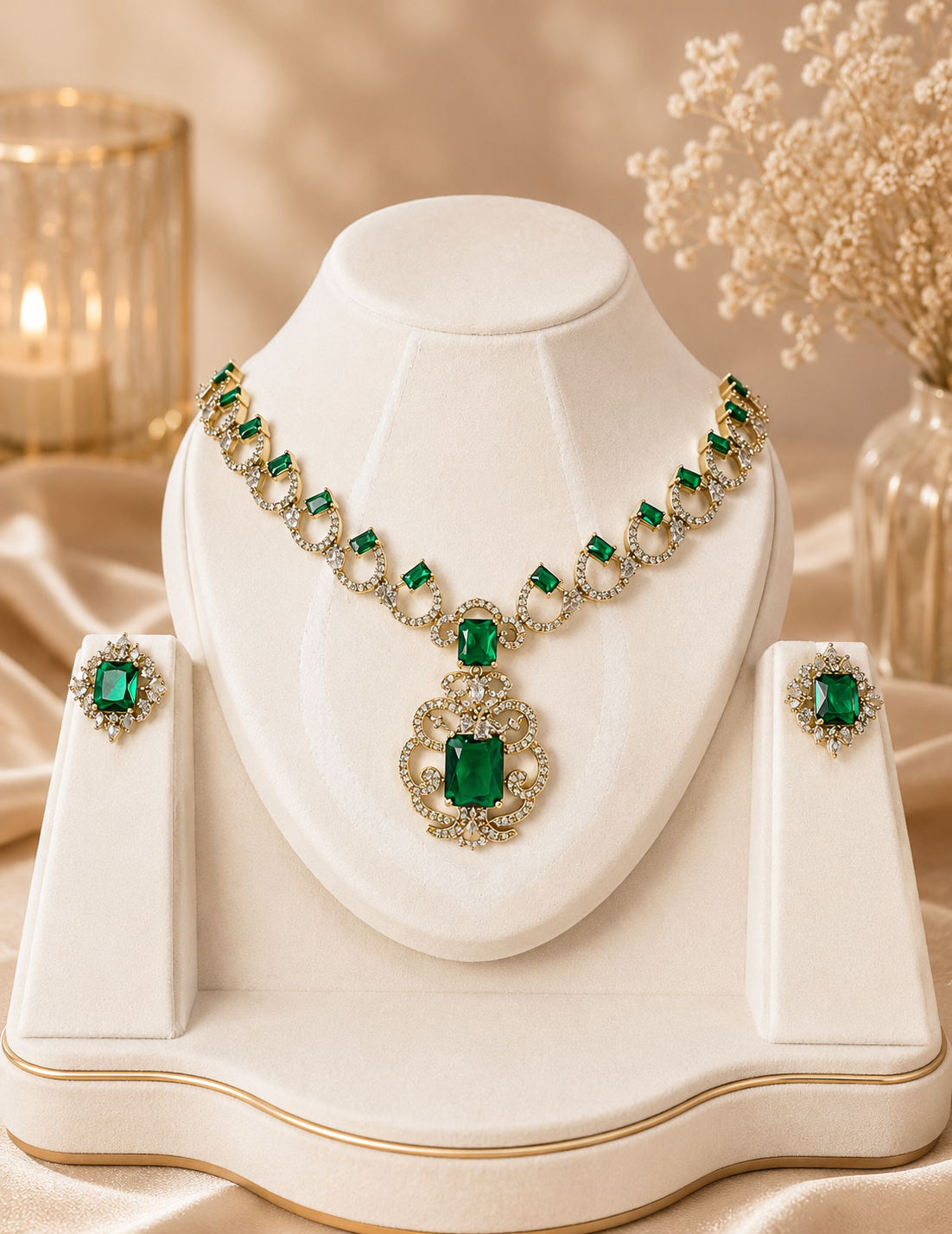 Premium Green Statement American Diamond Necklace Set with Matching Earrings