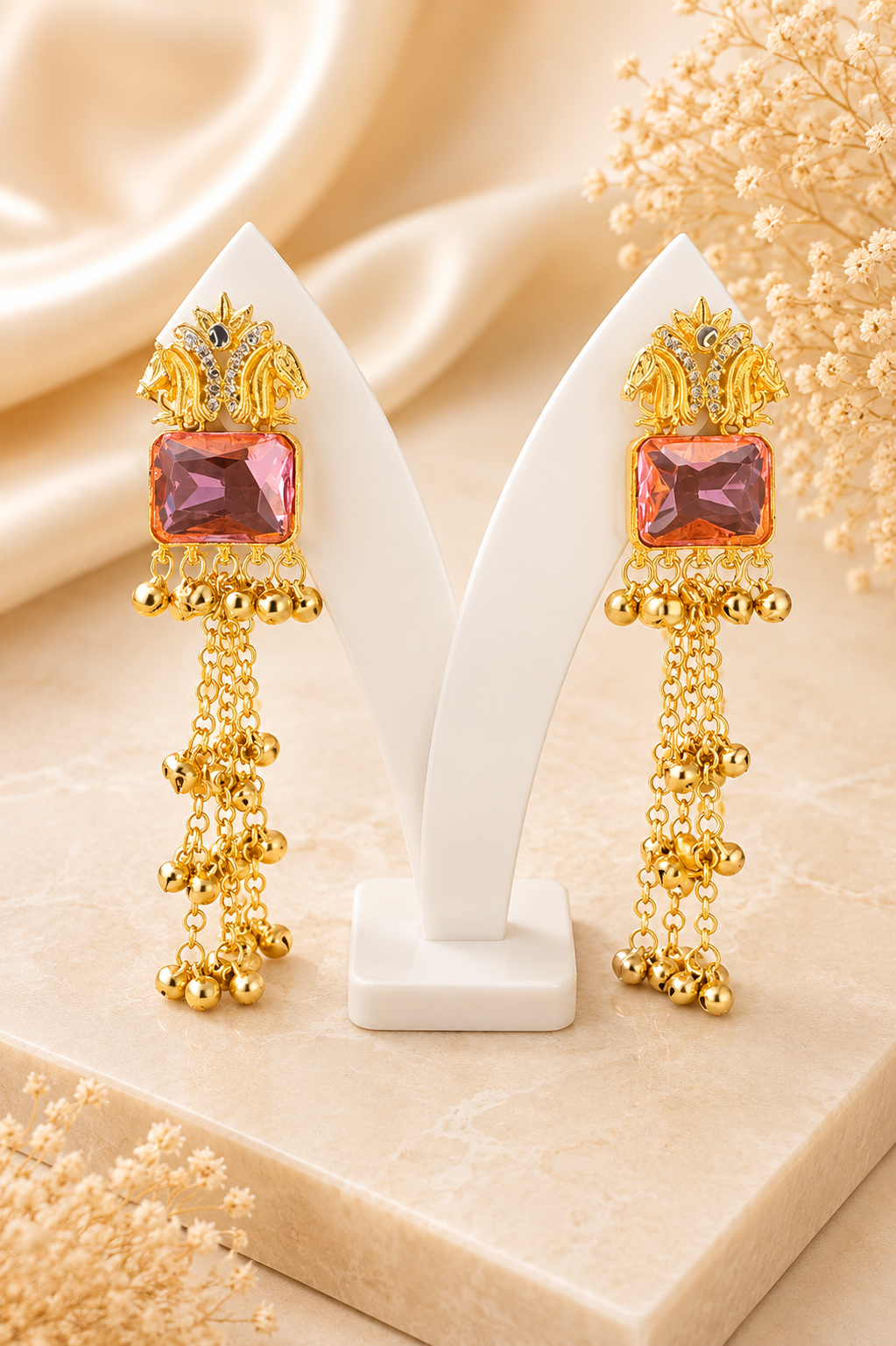 Animal Pattern Baby Pink Long Kashmiri Earrings