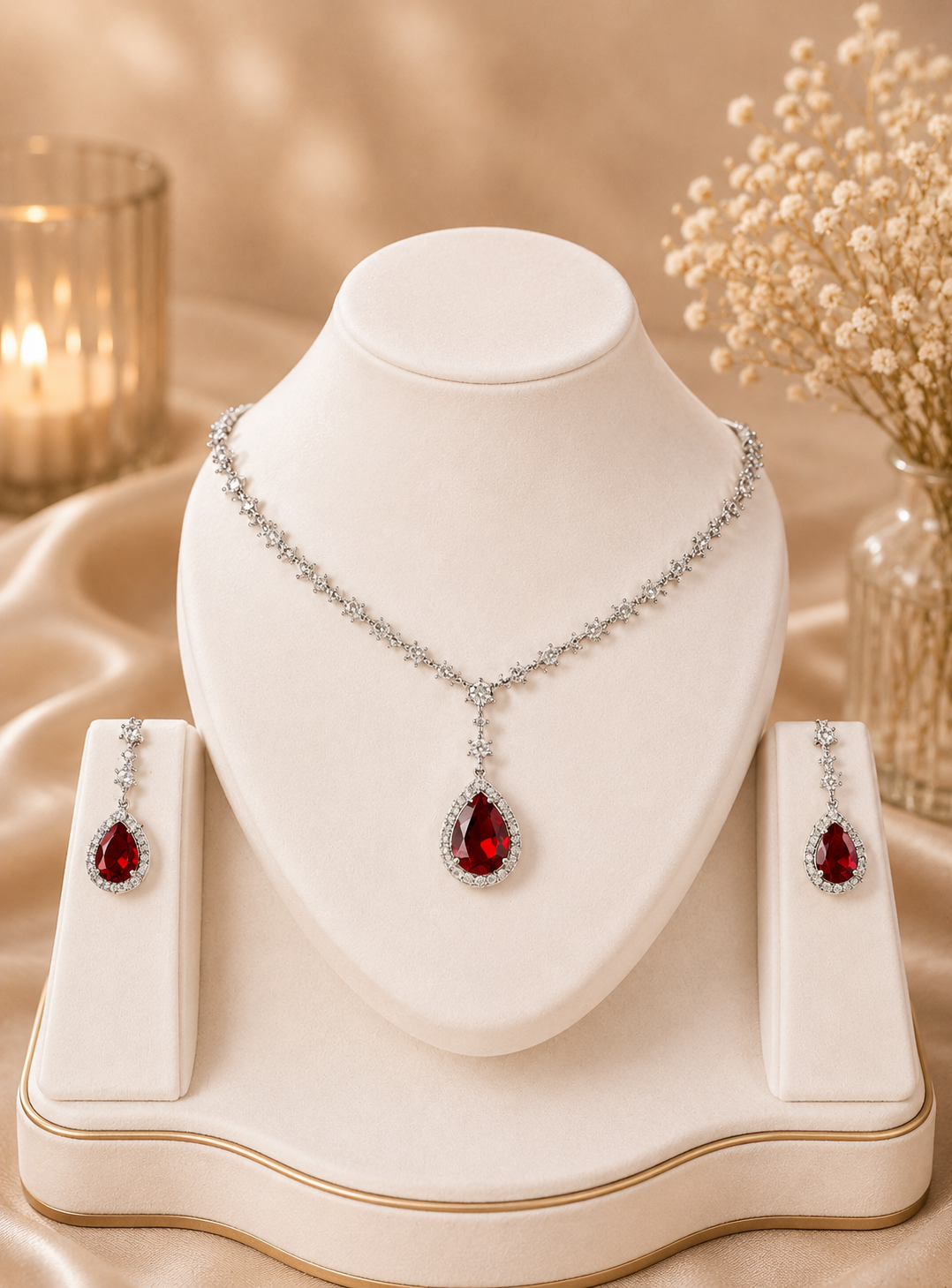 Premium Red Tear Drop American Diamond Necklace Set with Matching Earrings