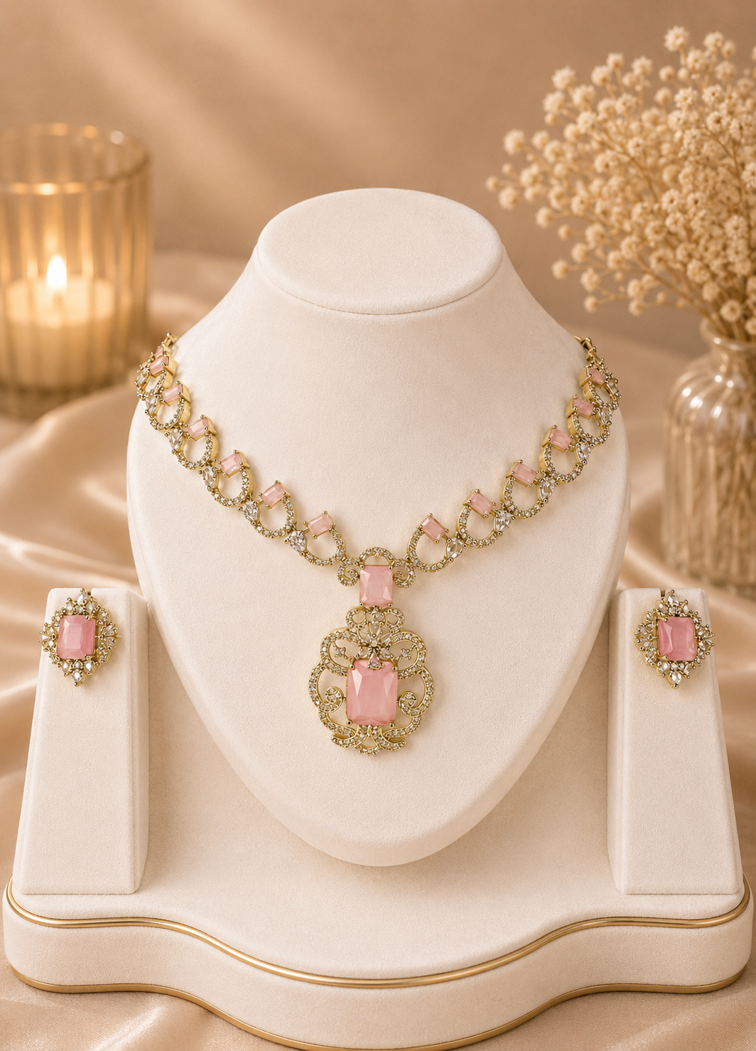 Premium Pink Y- Shaped American Diamond Necklace Set with Matching Earrings