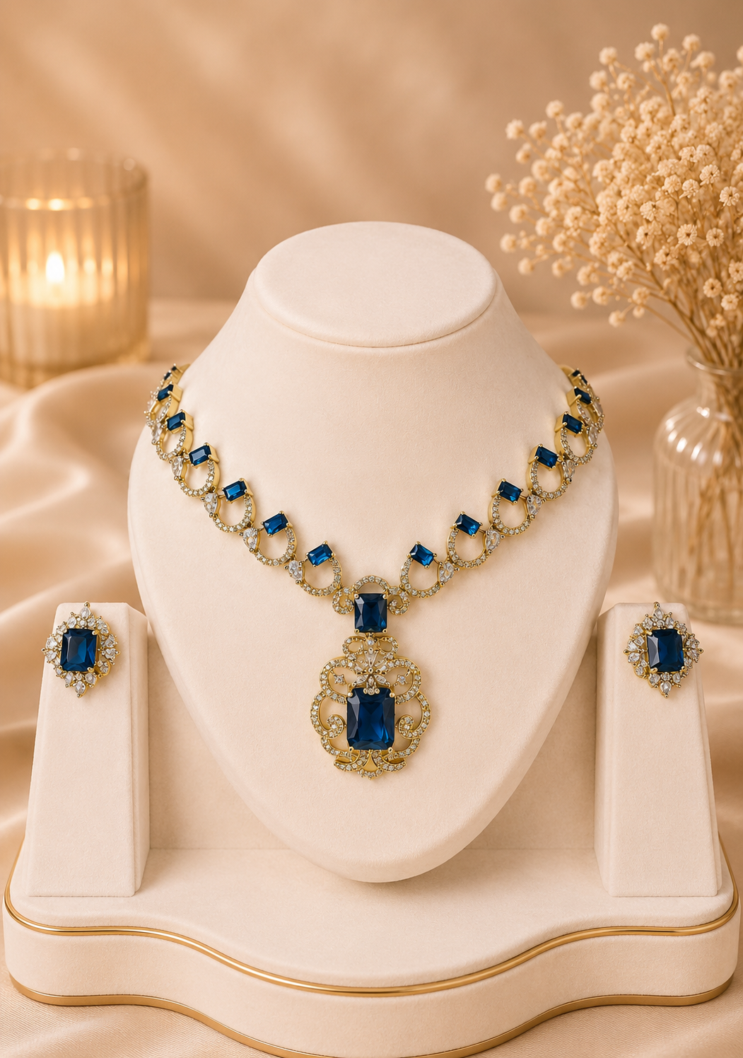 Premium Green Y- Shaped American Diamond Necklace Set with Matching Earrings