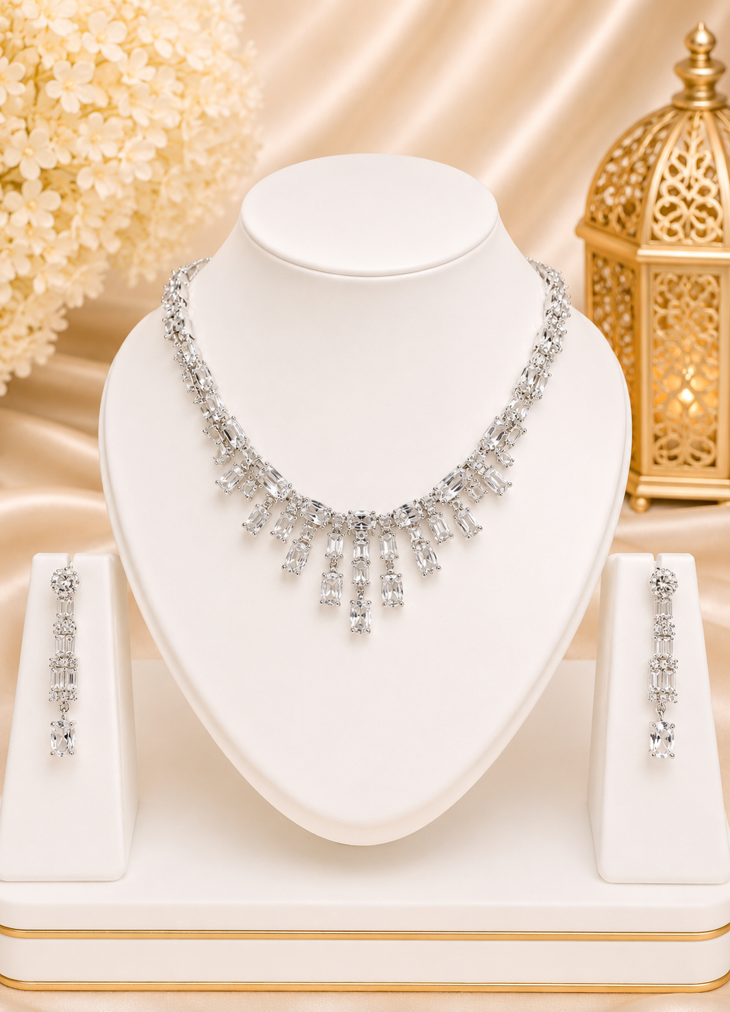 Premium White American Diamond Necklace Set