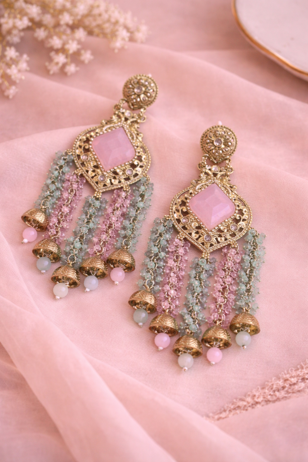 Elegant Pastel Stone Waterfall Earrings with Pearl Drops