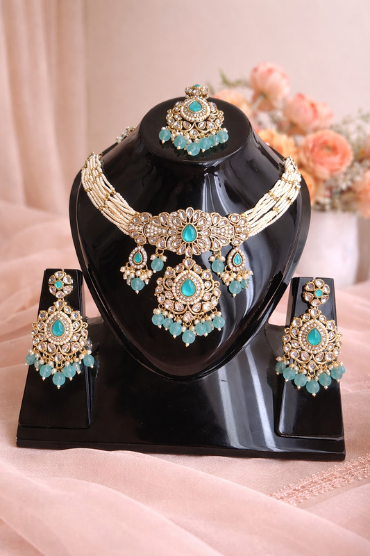 Royal Kundan Choker Set with Mint Green Stones & Matching Earrings