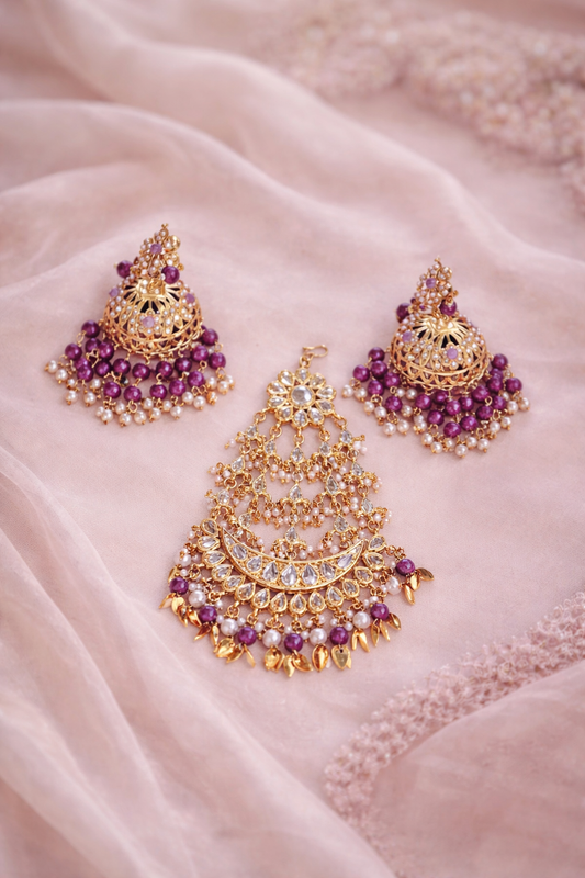 Royal Kundan Jhumka & Tikka Set with Pearl and Ruby Drops
