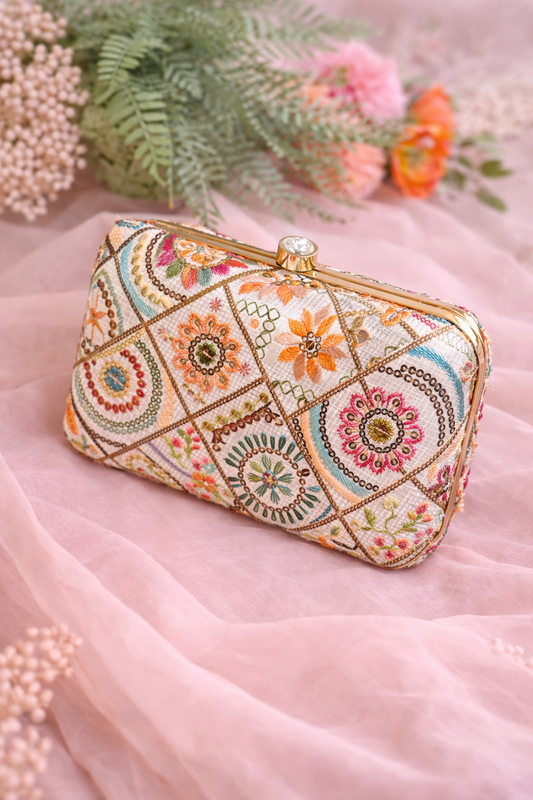Chic Floral Embroidered Box Clutch with Gold Frame