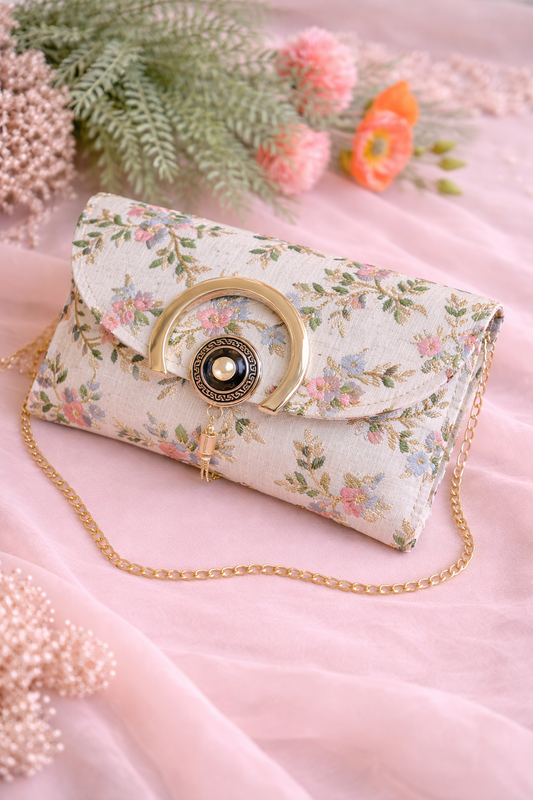Elegant Ivory Embroidered Clutch with Gold Statement Clasp