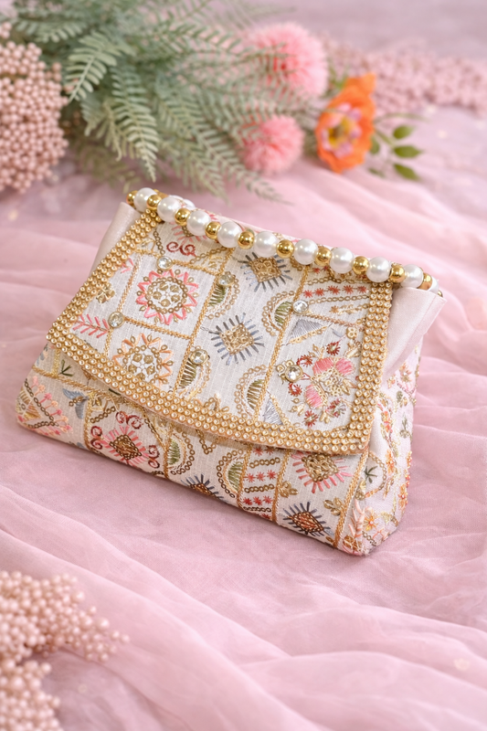 Elegant Embroidered Potli Clutch with Pearl Handle