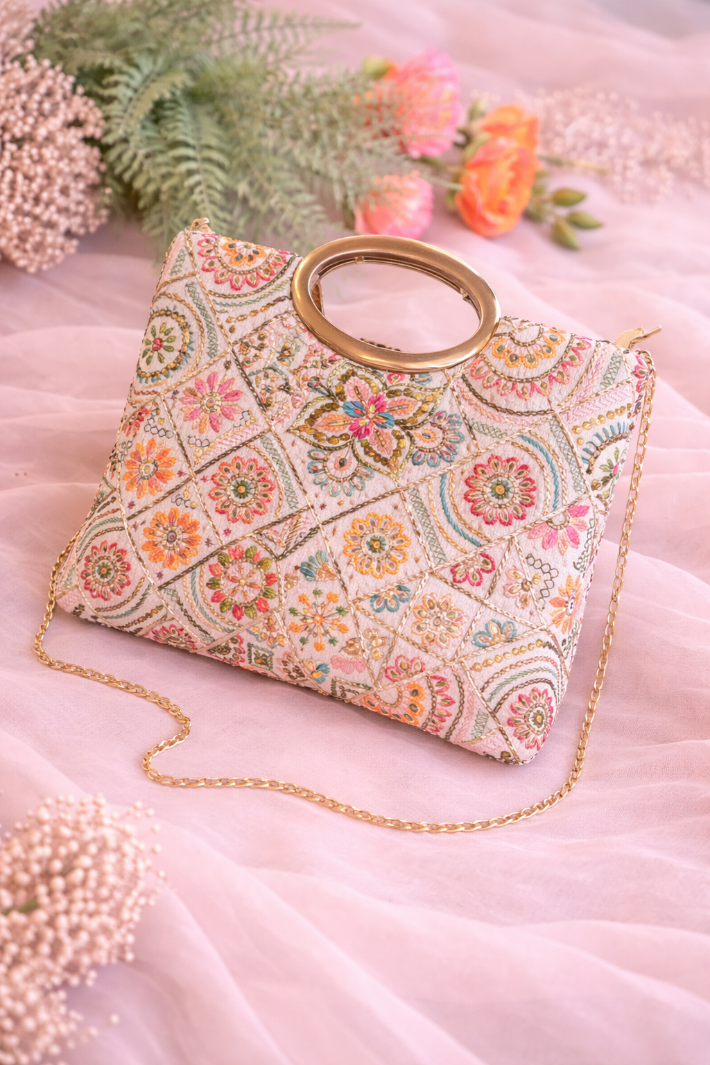 Multicolour Embroidered Tote Clutch with Gold Ring Handle