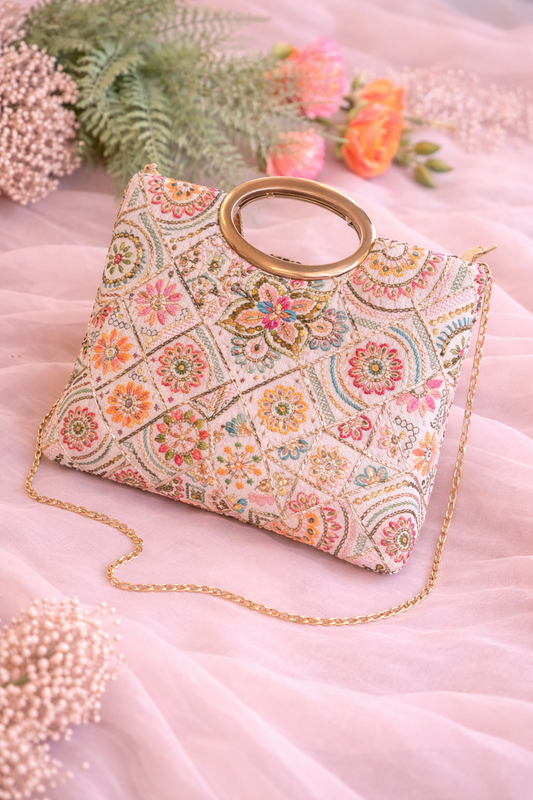 Multicolour Embroidered Tote Clutch with Gold Ring Handle