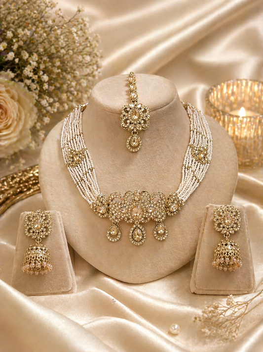 Champagne Gold Pearl Kundan Choker Set with Jhumka Earrings & Maang Tikka