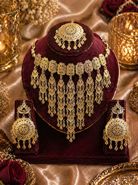 Punjabi Royal Gold Tassel Haar Set with Jhumka & Tikka