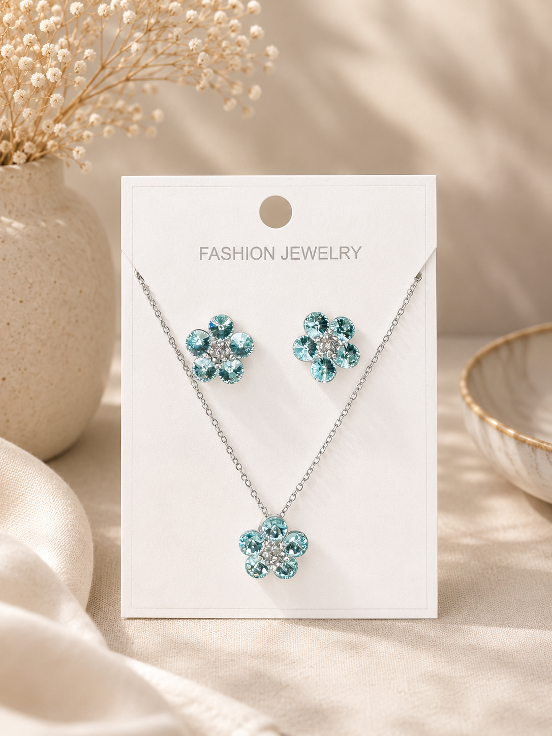 Aqua Floral Anti-Tarnish Pendant Set