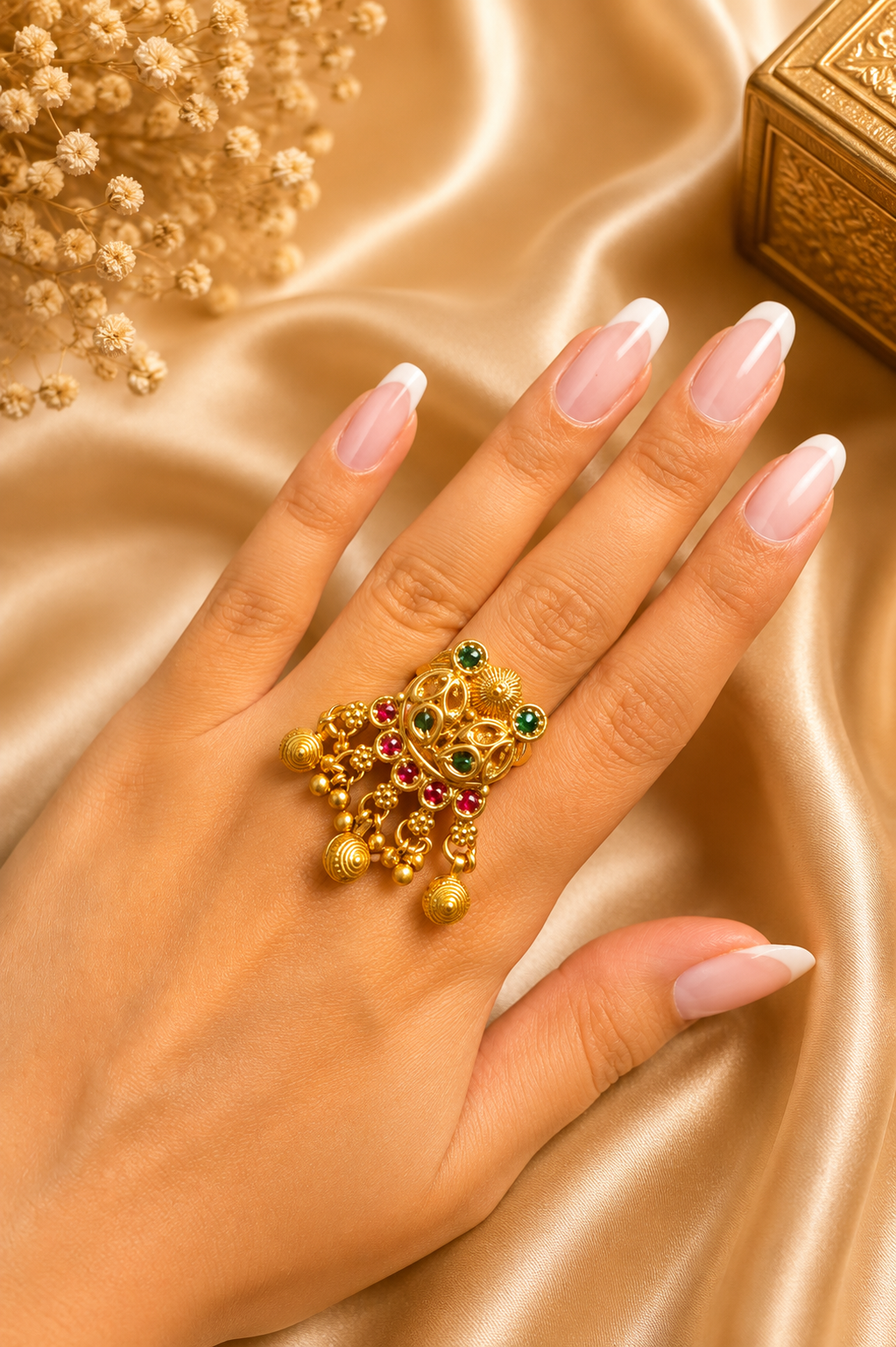 Square Green Red Kashmiri Ring