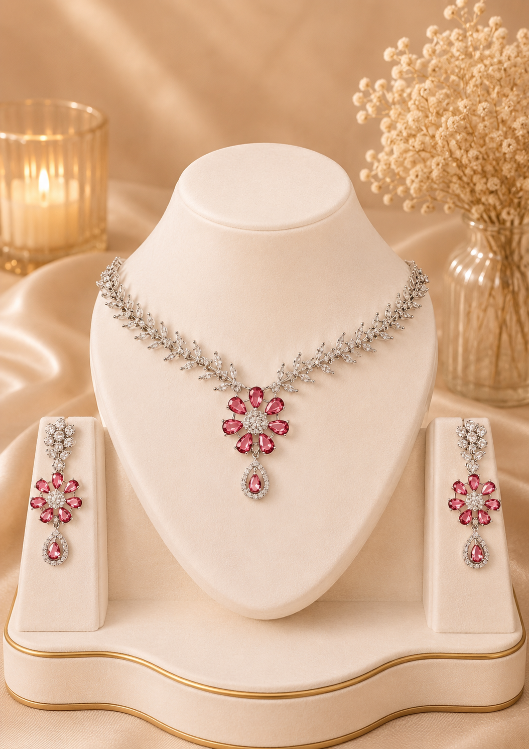 Premium Rose floral American Diamond Necklace Set with Matching Earrings